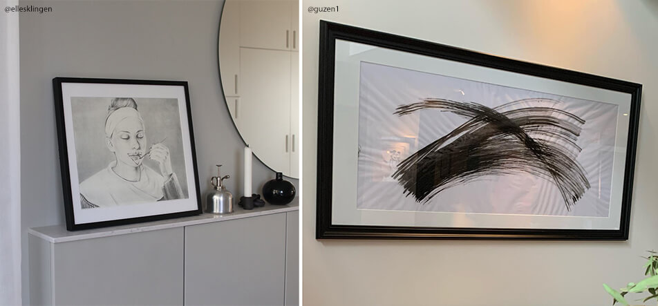 Du juodi pagal užsakymą pagaminti rėmai su juodai baltais motyvais