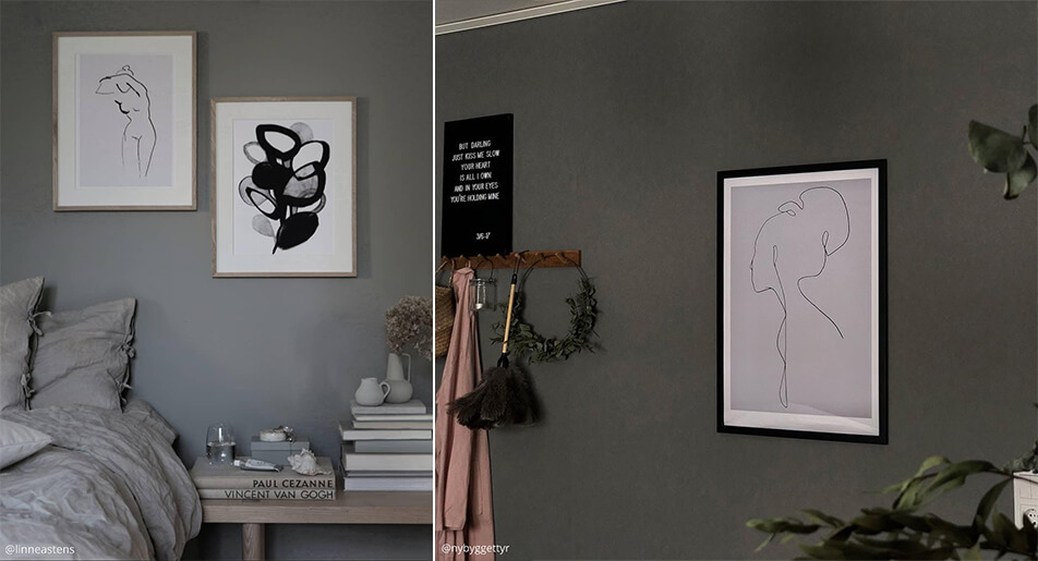 Šviesūs, grafiniai plakatai ant tamsių sienų