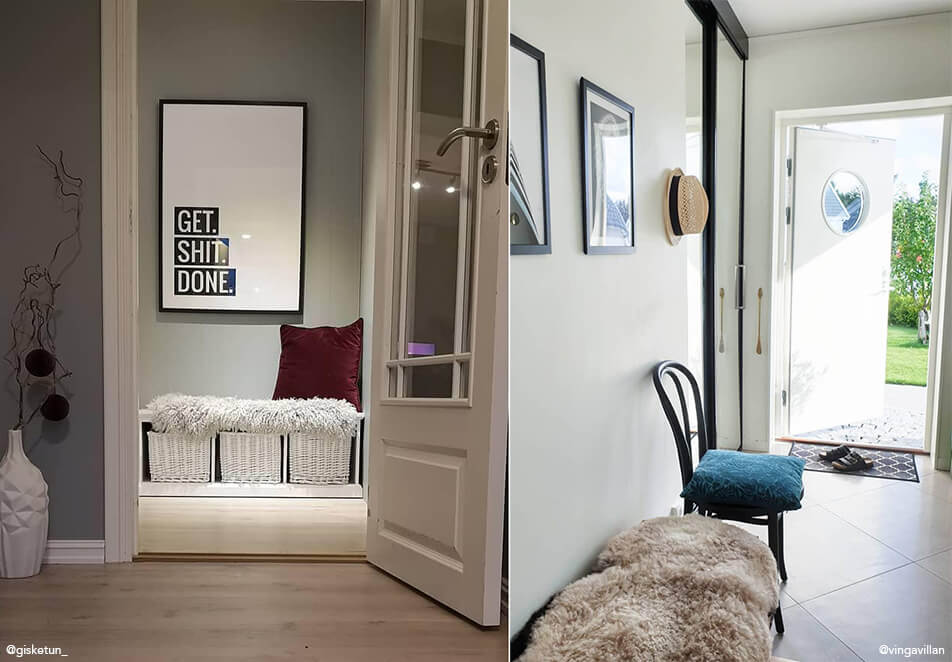 Prieškambario interjeras – suoliukas su laikymu, juoda kėdė ir paveikslai