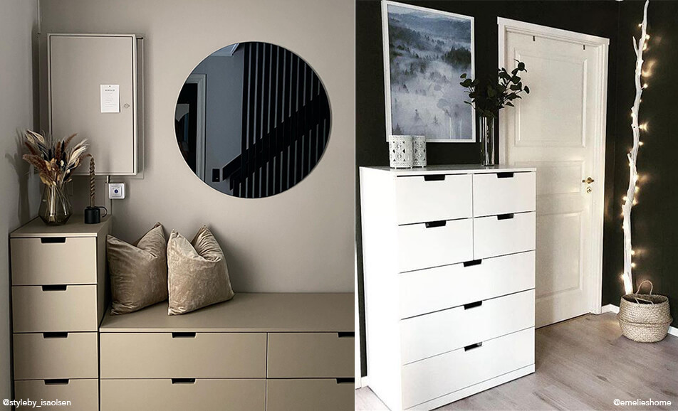 Prieškambario interjeras – suoliukas su laikymo vieta ir balta komoda