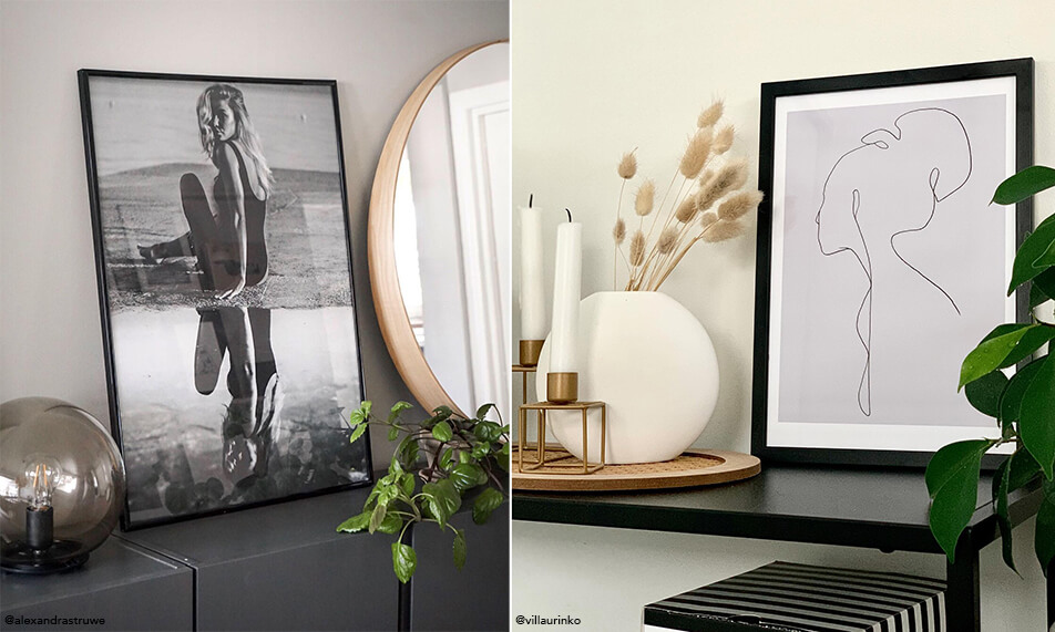 Šiuolaikinis interjeras su juodais rėmais ir žalumynais