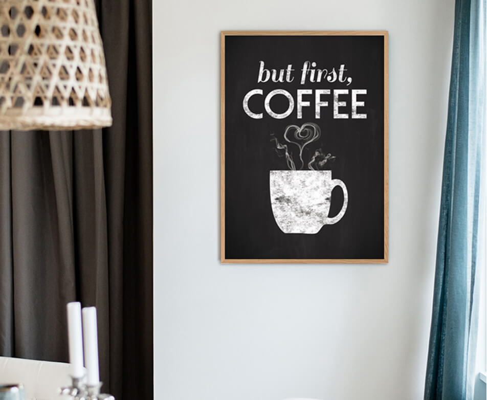 Juodas virtuvinis plakatas su baltu fonu - virtuvės interjeras