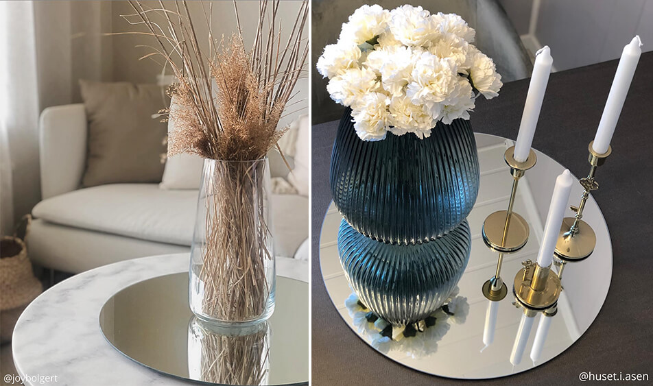 Apvalus veidrodis kaip padėklas žvakėms ir gėlėms