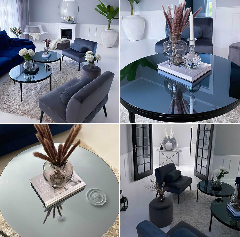 Veidrodinis stalas - svetainės stalas su pilkai tonuotu veidrodiniu stiklu