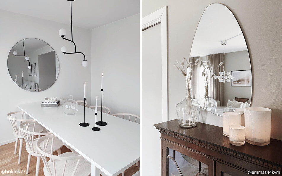 Apvalus veidrodis valgomojo erdvėje - kiaušinio formos veidrodis svetainėje