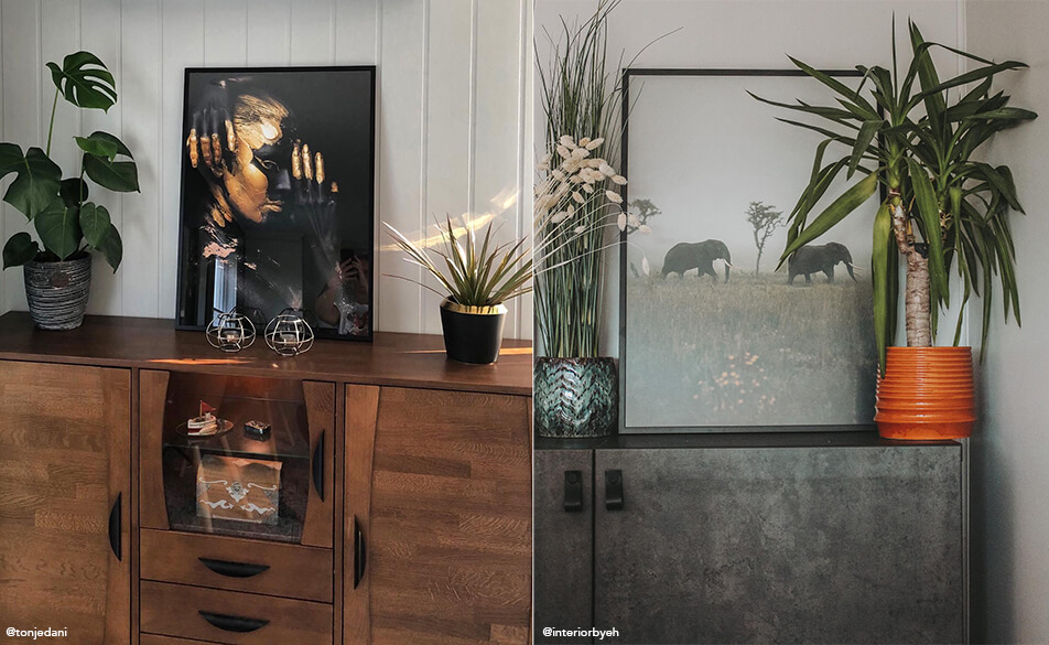 Paveikslai ir augalai pastatyti ant komodos