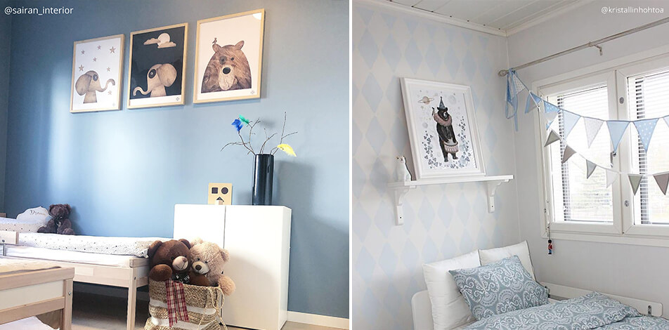 Vaikų kambario interjeras - plakatai su drambliu ir meška