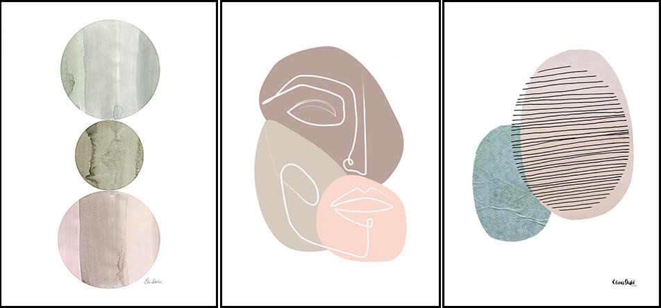 3 plakatai su grafikos spauda - abstraktus menas