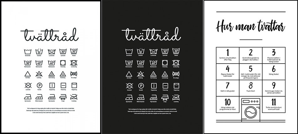 Skalbyklos interjeras / plakatai su skalbimo patarimais