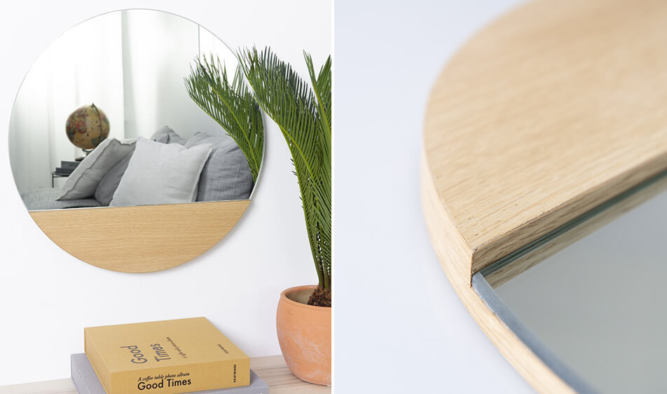 Apvalus veidrodis su ąžuolo rėmu - neįprastas veidrodis