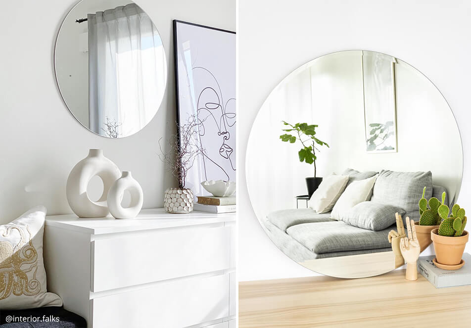 Apvalūs veidrodžiai - šviesus interjeras