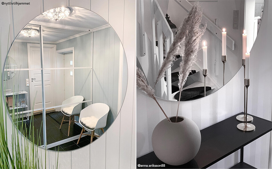 Prieškambario interjeras – apvalūs sieniniai veidrodžiai