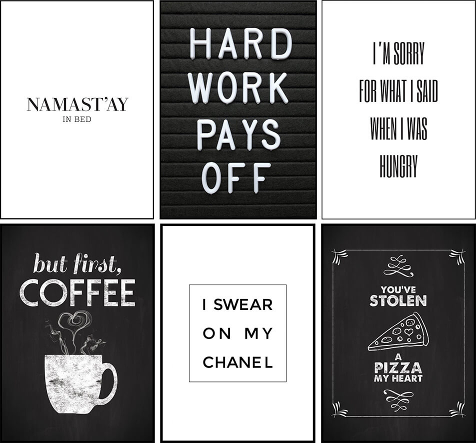 Juodai baltos plakatai su tekstais ir citatomis